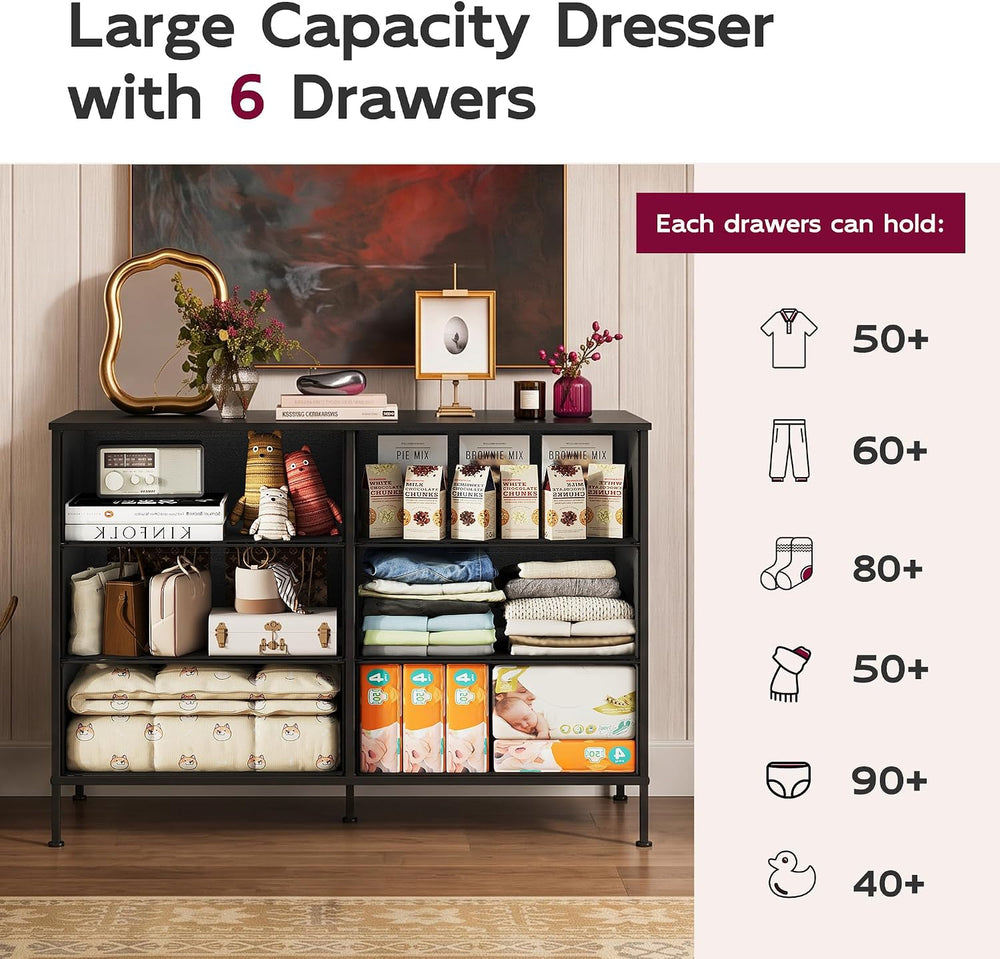 WLIVE Black Fabric Dresser for Bedroom, 6 Drawer Dressers, Chest of Drawers