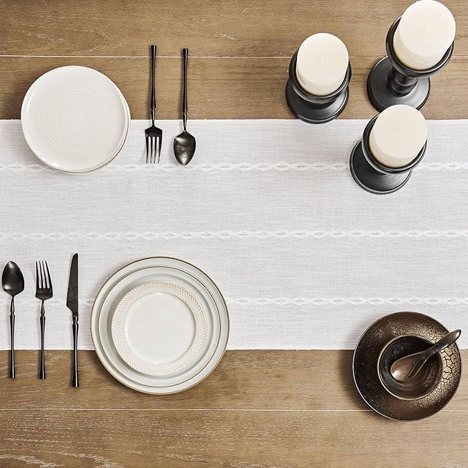 ZeeMart Farmhouse Braided Striped Table Runner, Rustic Ivory Table Runners 90 - Image 4