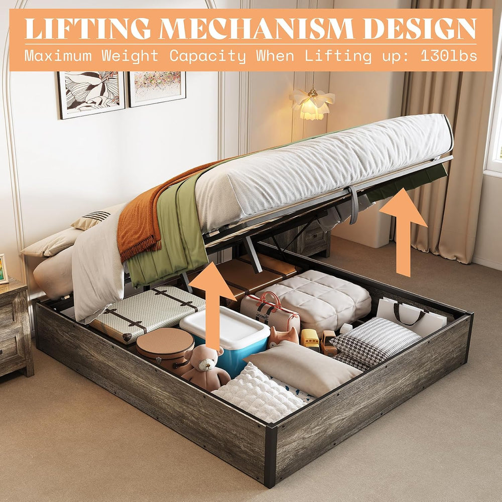 AMERLIFE Queen Size Lift Up Storage Bed Frame, Rustic Grey