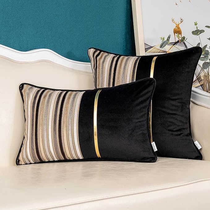 Yangest Black Striped Patchwork Throw Pillow Cover Gold Leather Cushion Cover - Image 5
