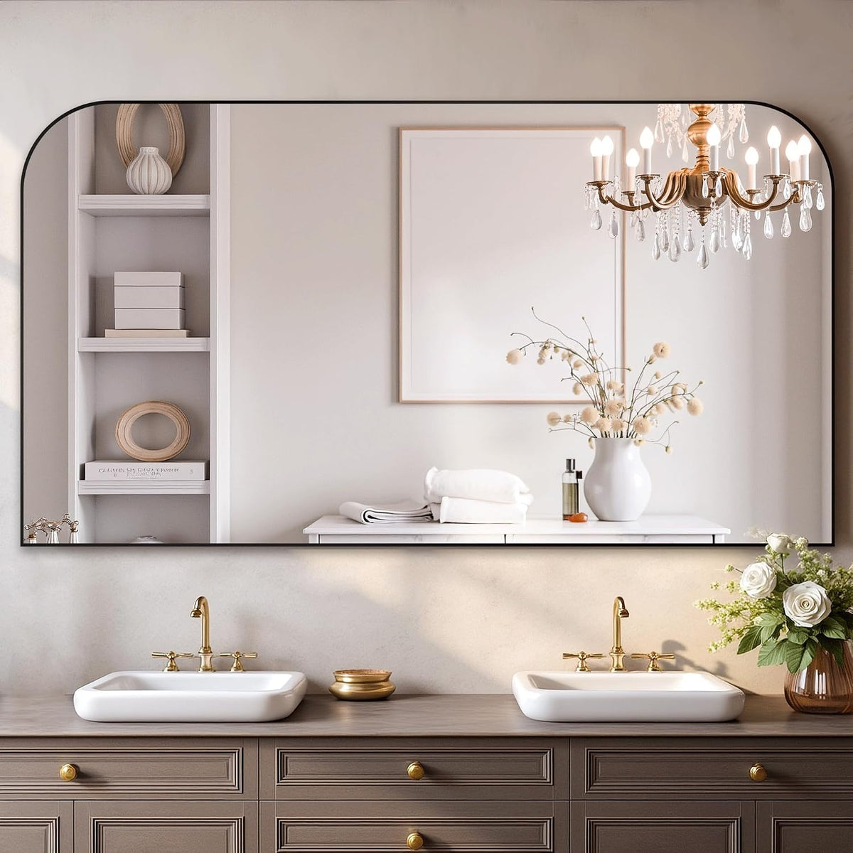 delma 30"x55" black metal framed bathroom mirror for shown in use