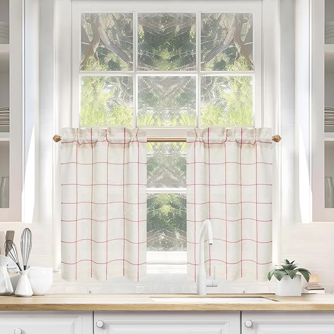 DriftAway Kitchen Curtains Striped Tier Linen Short Windowpane Plaid Cafe by DriftAway