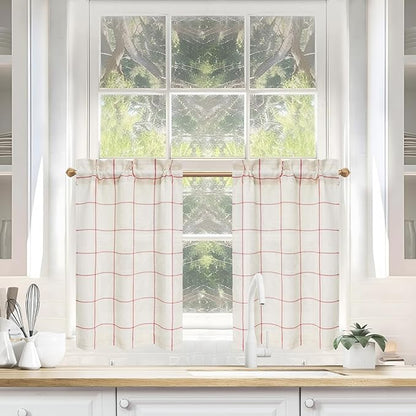 DriftAway Kitchen Curtains Striped Tier Linen Short Windowpane Plaid Cafe by DriftAway