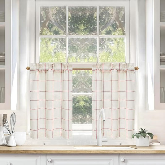 DriftAway Kitchen Curtains Striped Tier Linen Short Windowpane Plaid Cafe by DriftAway