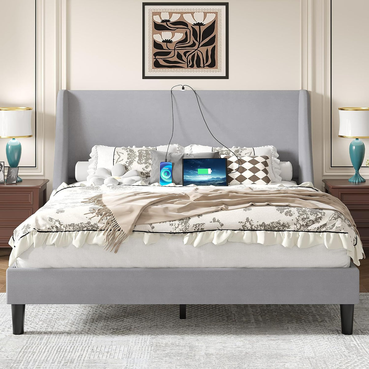 vecelo queen bed frame with upholstered wingback headboard, main product view