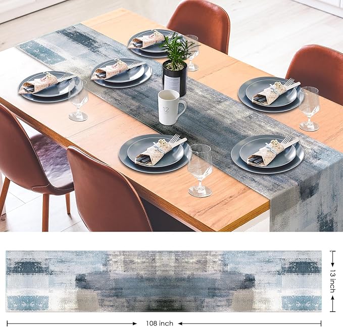 Emvency Farmhouse Table Runner, Vintage Blue and Grey Abstract Art Painting - Image 2