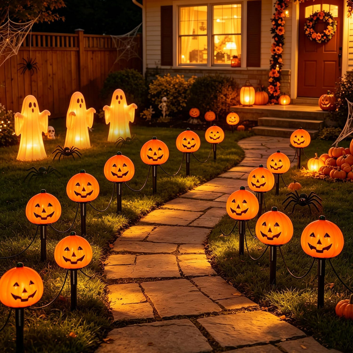 2 Sets 7Ft Halloween Pathway Lights Outdoor Pumpkin Stake Light with 4 Jack-O Lantern Pumpkin Lights and 4 Stakes for Halloween Decorations Outdoor Walkway Pathway Driveway Garden Yard Lawn Light