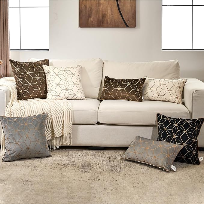 Aeckself White Gold Plaid Geometric Throw Pillow Cover 18x18 Inch, Soft Velvet - Image 8
