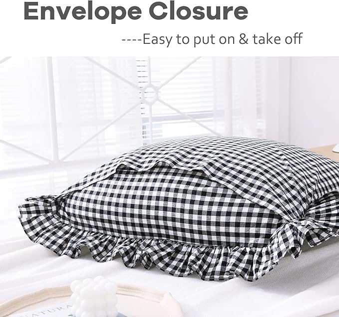 2 Pack Black and White Plaid Gingham Ruffle Euro Shams Pillow Covers, 100% - Image 4