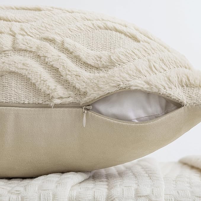 MIULEE Beige Throw Pillow Covers 12x20 Inch, Neutral Soft Plush Faux Wool Solid - Image 3