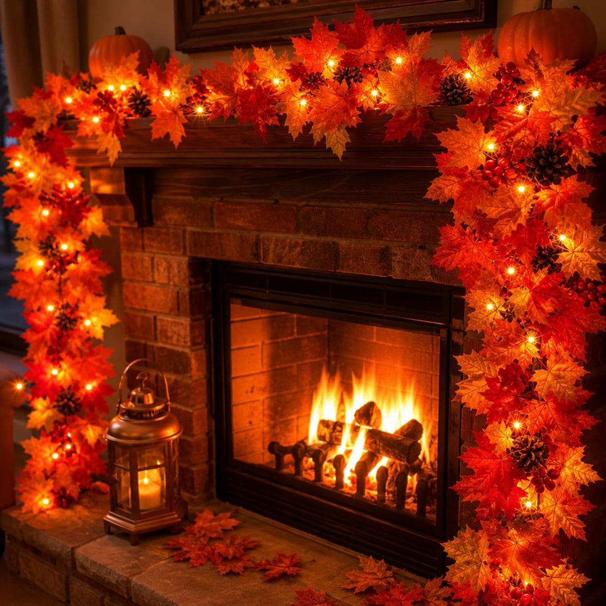 Fall Decorations Lighted Fall Garland with Pinecones and Berries, 9FT 50 Incandescent Bulb UL Certified Connectable Lush and Thicker Fall Garland with Lights for Halloween Thanksgiving Decor(2Packs)