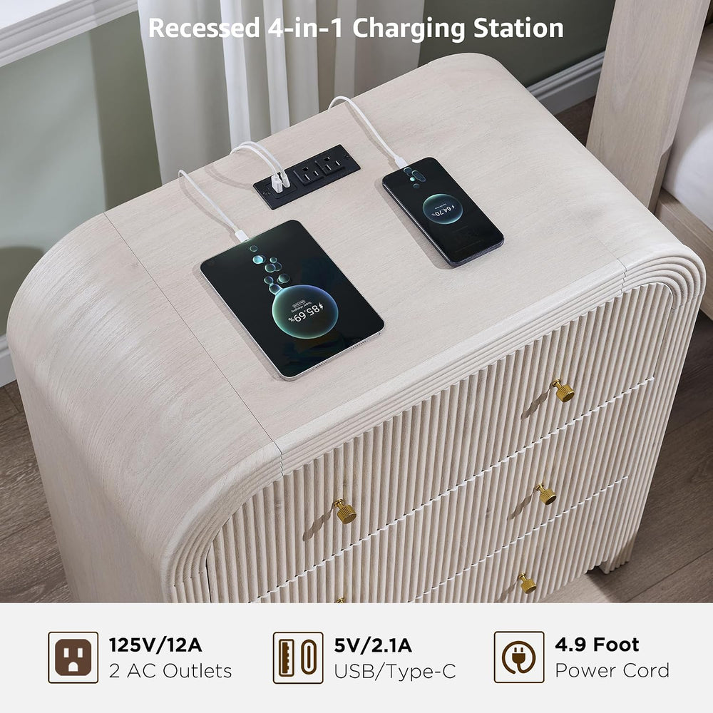 T4TREAM 32 Inch Fluted Nightstand with Charging Station, Alder White