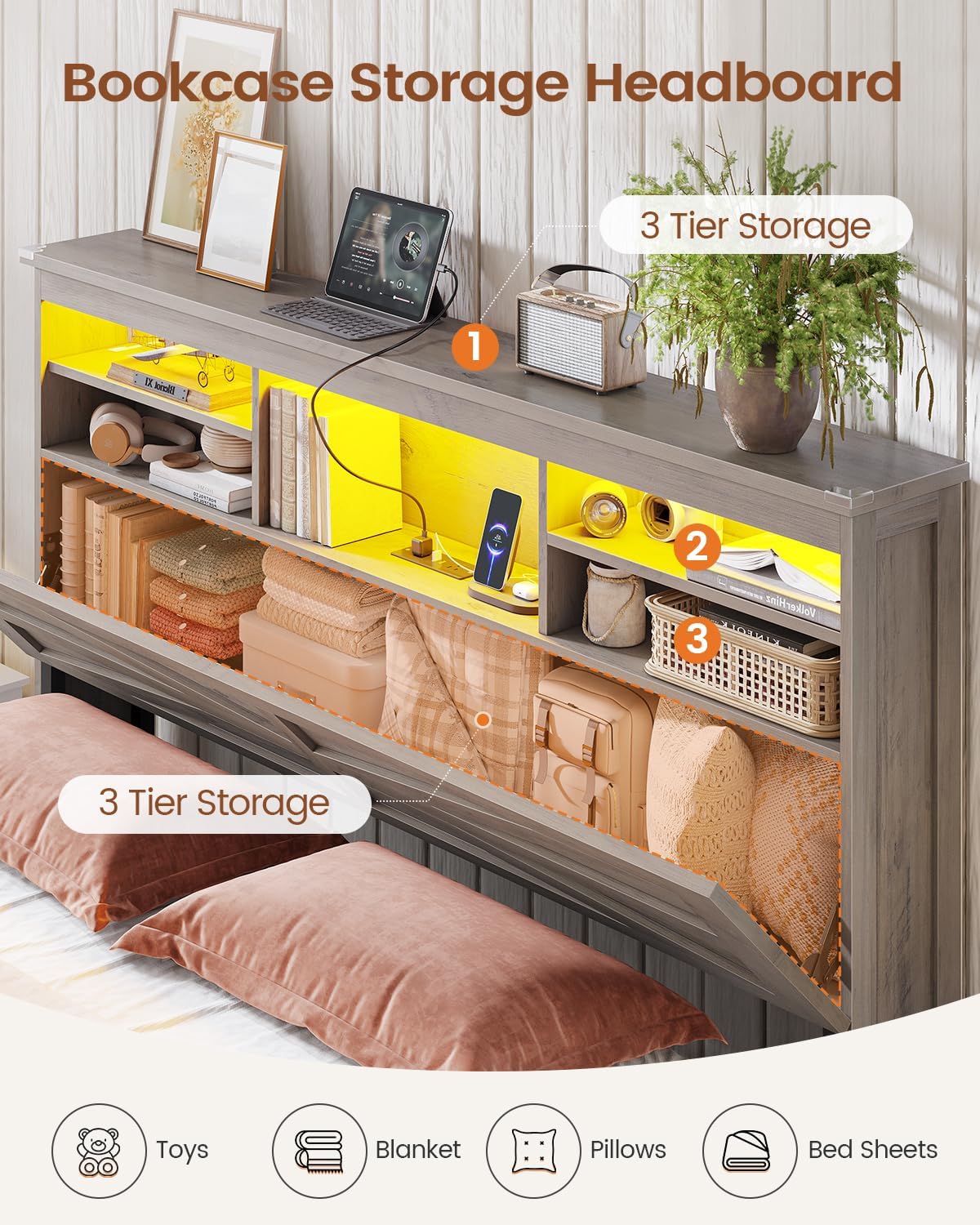 aogllati farmhouse full size bed frame with lift showing dimensions