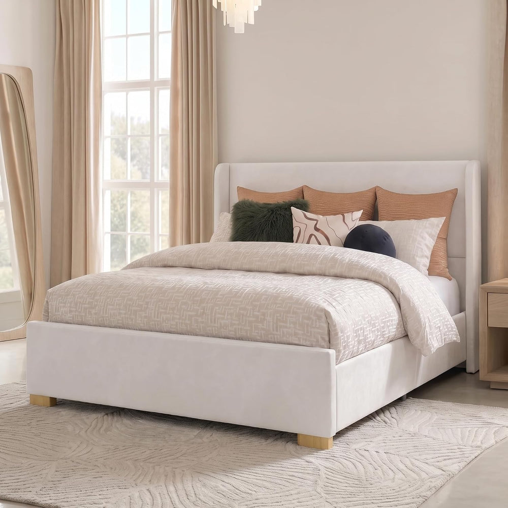 Queen Size Upholstered Platform Bed Frame with Wingback Headboard