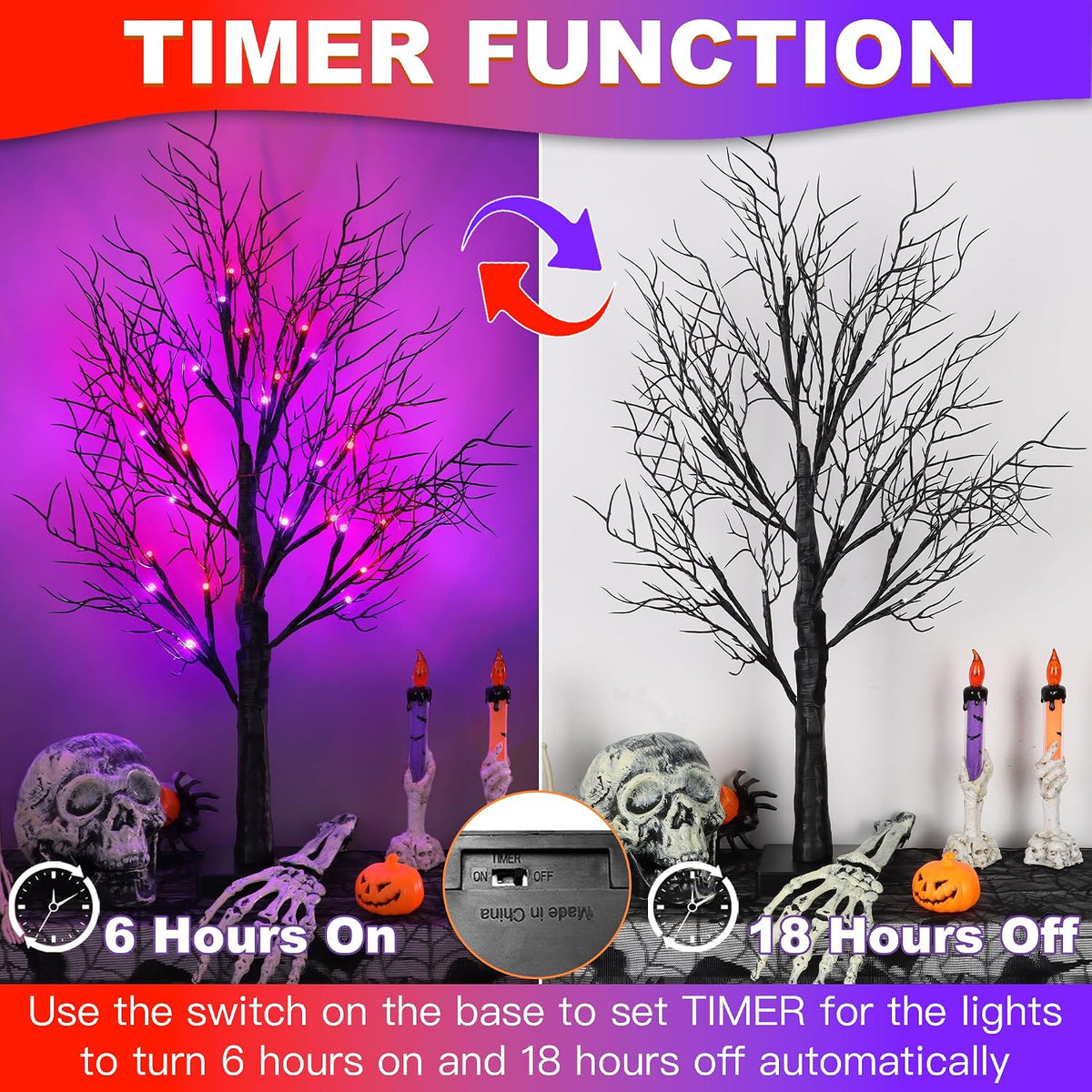 Halloween Decorations Indoor 2 Pack 24 Inch Black Halloween Tree with 48 Orange Purple Led Lights, Timer/USB/Battery Operated Lighted Tabletop Spooky Tree for Table Home Office Party Decor