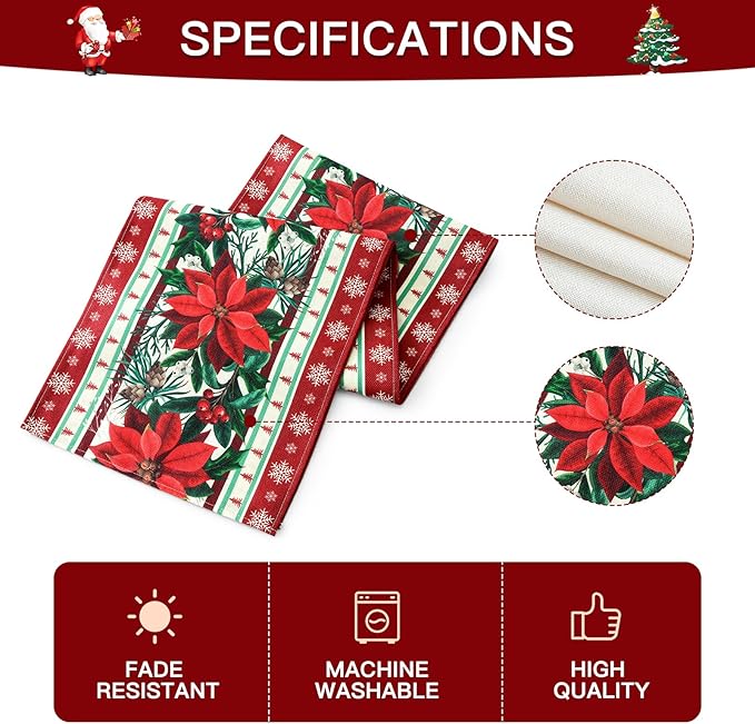 OTOSTAR Snow Holly Pinecone Christmas Red Flower Table Runner, Xmas Seasonal - Image 6