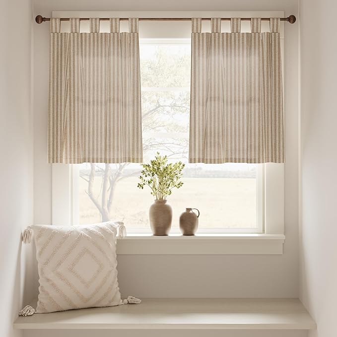 jinchan Tab Top Linen Kitchen Curtains 24 Inches Striped Tier Curtains - Image 3