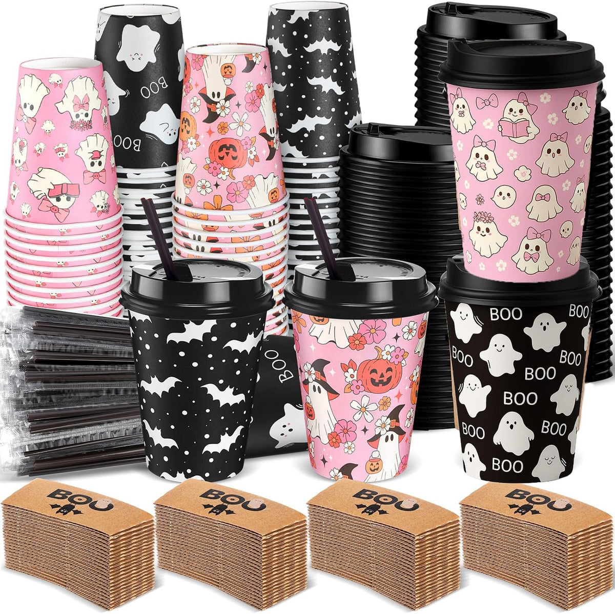 Lallisa 100 Sets 12 oz Halloween Disposable Coffee Cups with Lids and Sleeves Straws, Hot Coffee Paper Cups for holiday Party Drinks Supplies(Cute Ghost)