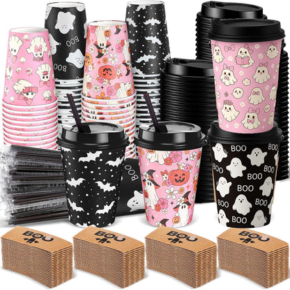 Lallisa 100 Sets 12 oz Halloween Disposable Coffee Cups with Lids and Sleeves Straws, Hot Coffee Paper Cups for holiday Party Drinks Supplies(Cute Ghost)