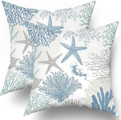Coastal Nautical Throw Pillow Cover 18x18 inch Set of 2 Beach Themed Sea Coral by Granbey