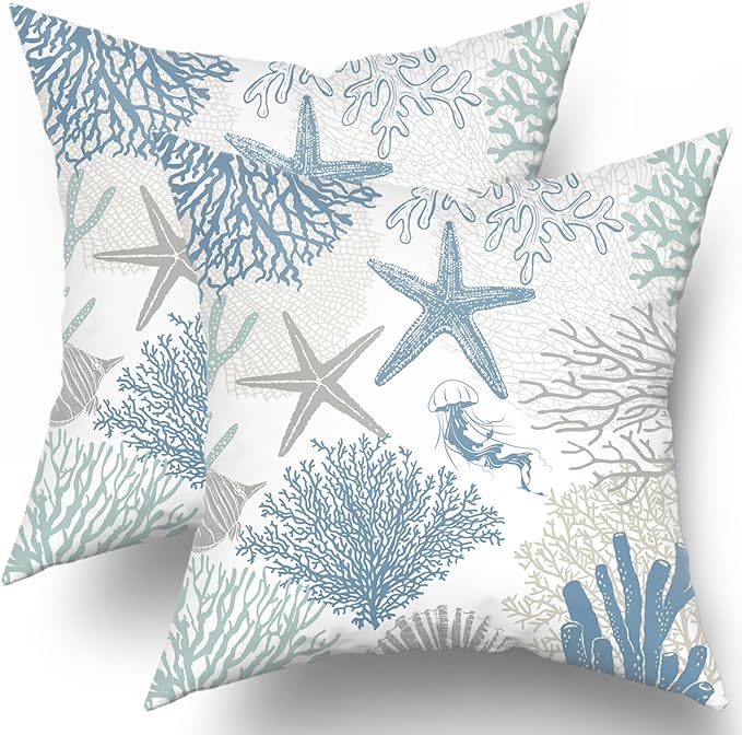Coastal Nautical Throw Pillow Cover 16x16 inch Set of 2 Beach Themed Sea Coral by Granbey