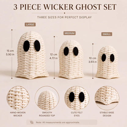 Geelin White 3 Pcs Halloween Rattan Wicker Ghosts Decoration Cute Farmhouse Ghost Figurines for Table Tray Shelf Desk Tiered Tray Centerpieces Indoor Tabletop Halloween Decor