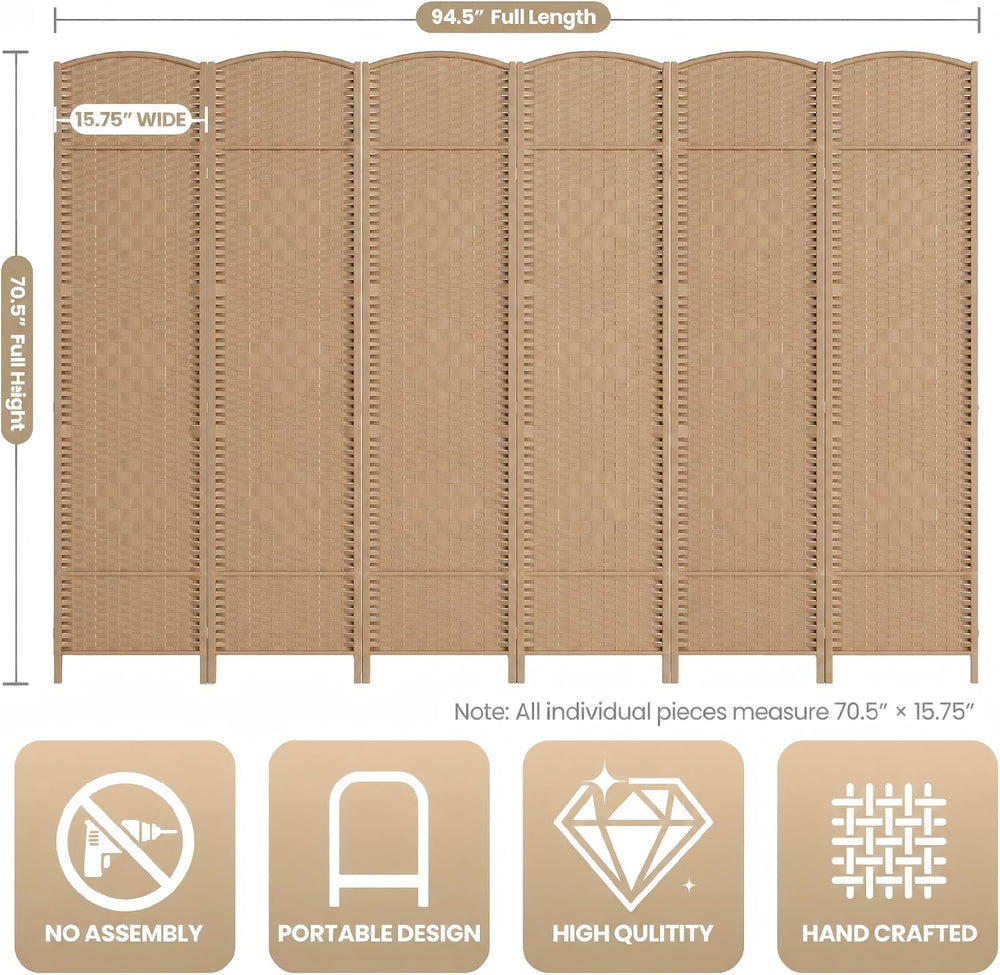 6 Panel Folding Room Divider,Woven Privacy Screen,Light Beige