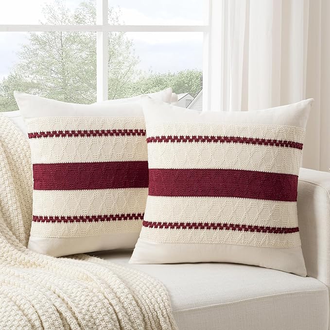 Fancy Homi Set of 2 Burgundy Boho Decorative Throw Pillow Covers 18x18 Inch by Fancy+Homi