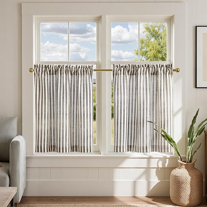 jinchan Striped Linen Kitchen Curtains 24 Inches Length Tier Curtains Farmhouse by JINCHAN