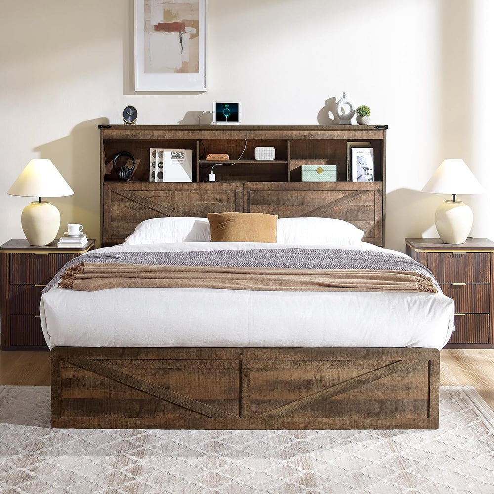 ACCOHOHO Queen Bed Frame Farmhouse with 52" Storage Bookcase Headboard, ...