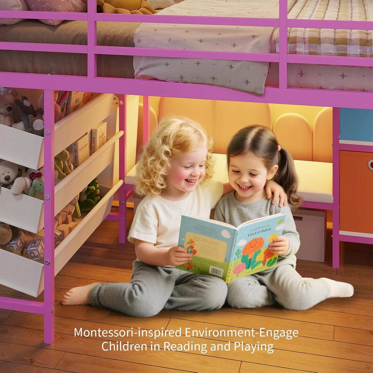 dictac low loft bed twin size with storage, front angle view