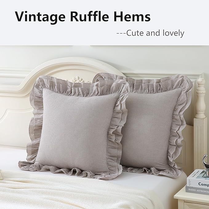 Aryeleay 2 Pack Brown White Plaid Gingham Ruffle Pillow Shams, 100% Washed - Image 3