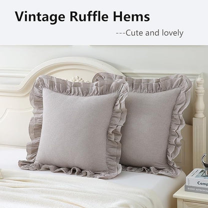 Aryeleay 2 Pack Brown White Plaid Gingham Ruffle Pillow Shams, 100% Washed - Image 3