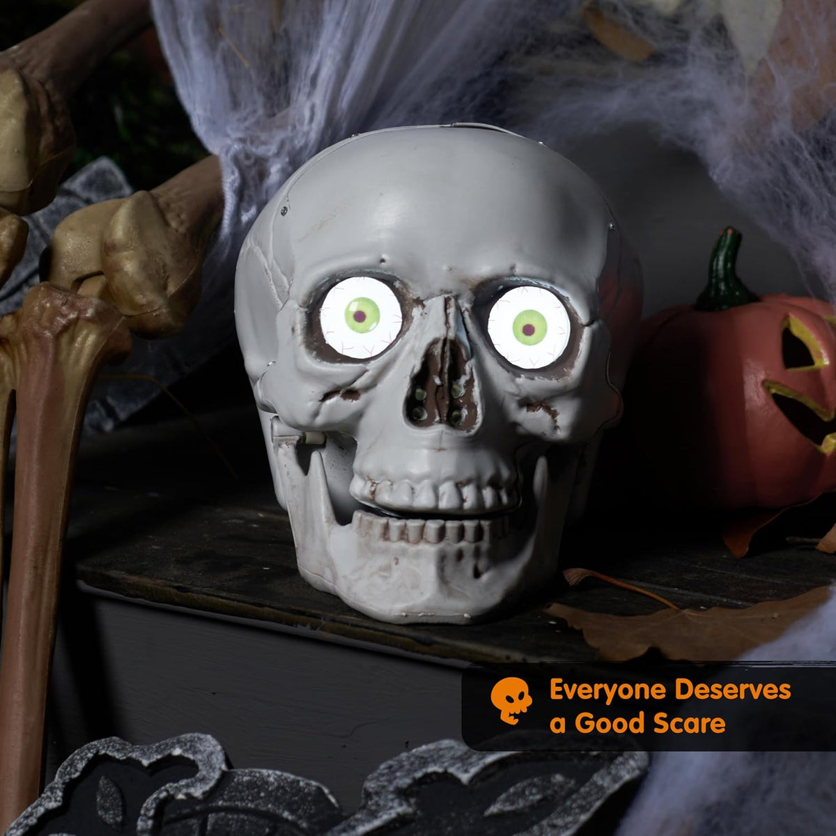 JOYIN Halloween Decorations Indoor Animatronics Skull Table Desk Home Decor, Haunted House Sound Activated LED Lights Up Eyes Party Supplies Animated Scary Moving Eyeballs
