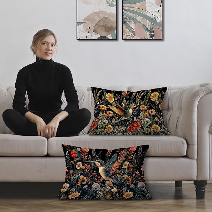 Moody Floral Hummingbird Pillow Covers 12x20 Set of 2, Gifts - Image 2