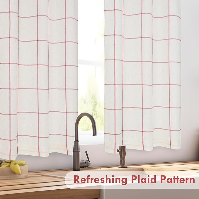 DriftAway Kitchen Curtains Striped Tier Linen Short Curtains Windowpane Plaid - Image 6