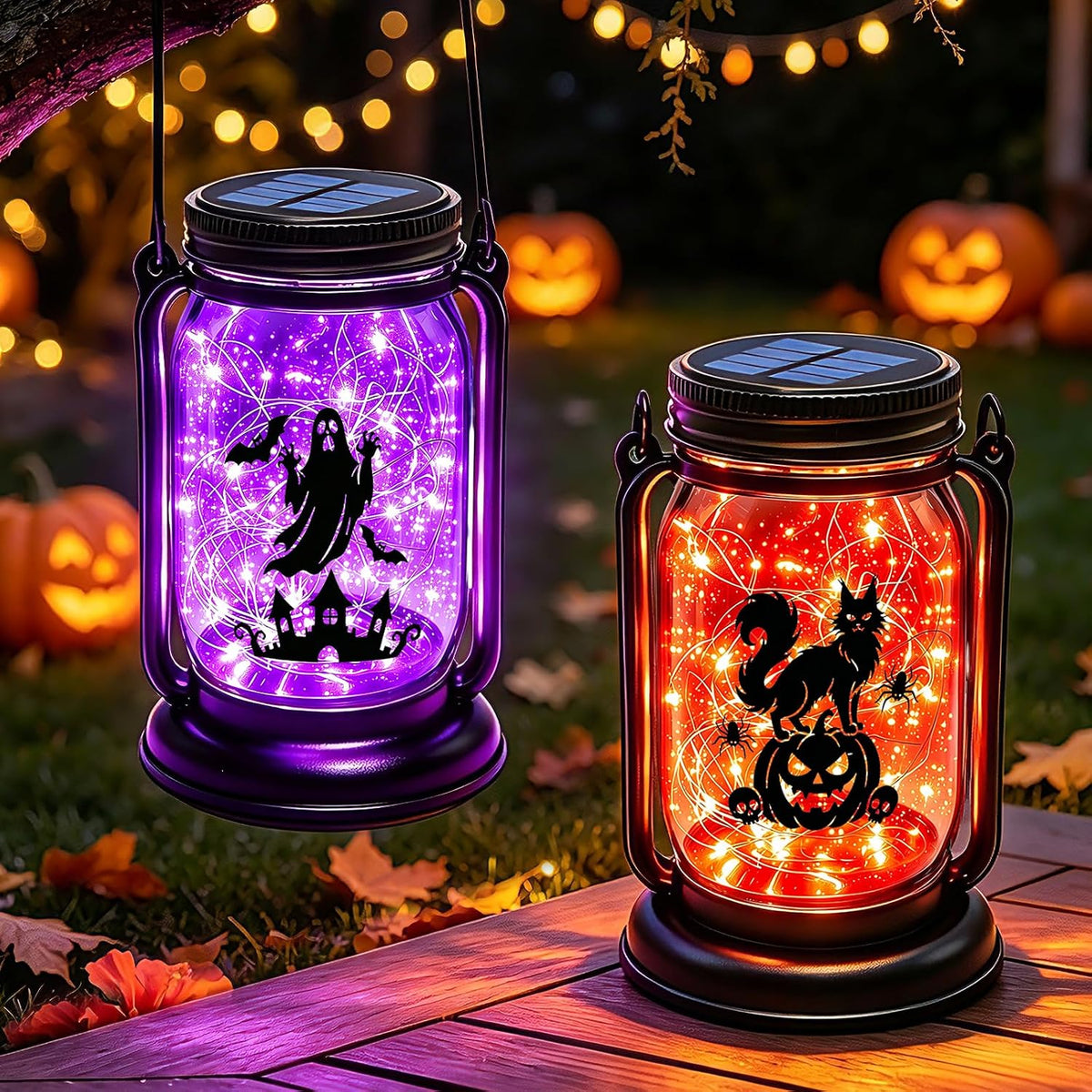Halloween Solar Lanterns-Ghost &Cat Pumpkin Decor Hanging Mason Jar Lights