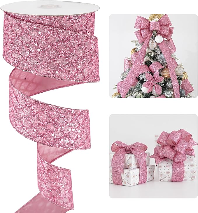 HUIHUANG Pink Glitter Wired Ribbon by HUIHUANG