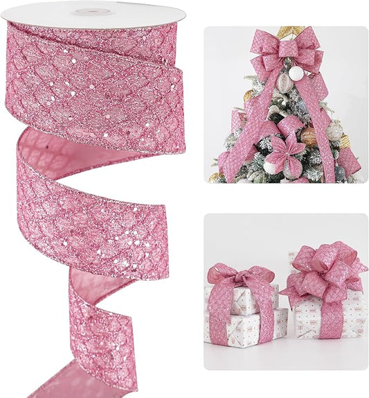 HUIHUANG Pink Glitter Wired Ribbon by HUIHUANG
