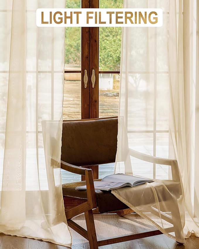 Foil Stripe Beige Sheer Curtains 104 inches Length 2 Panels - Image 3