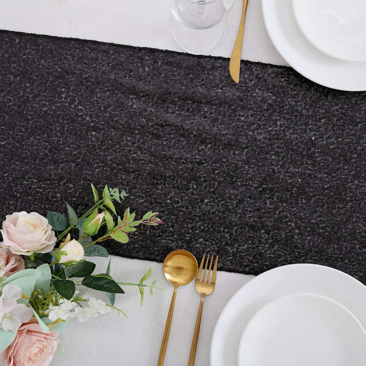 B-COOL Sequin Black Table Runner: 8 Pack 12x72Inch Glitter Decoration Sparkly Fabric for Halloween Graduation Holiday Birthday Outdoor Table Decor