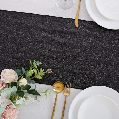 B-COOL Sequin Black Table Runner: 8 Pack 12x72Inch Glitter Decoration Sparkly Fabric for Halloween Graduation Holiday Birthday Outdoor Table Decor