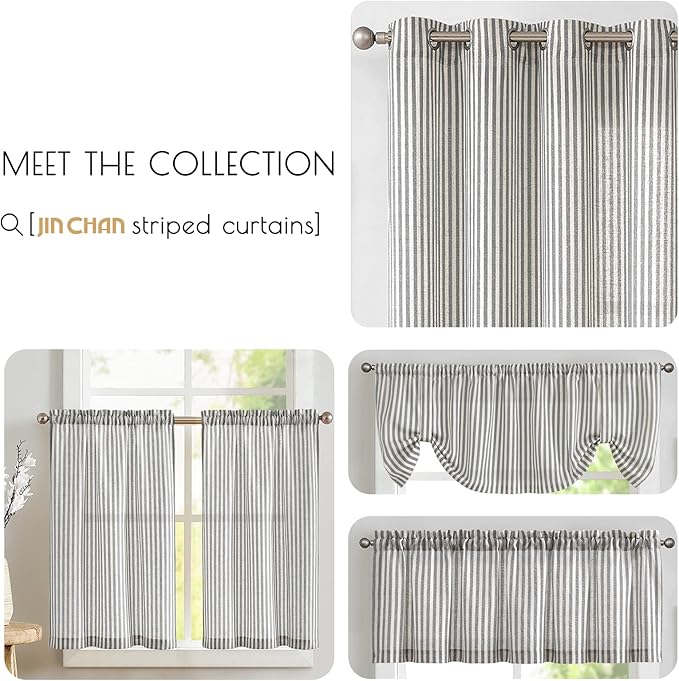 JINCHAN Tie Top Linen Kitchen Curtains 36 Inch Striped Tier Curtains Farmhouse - Image 8