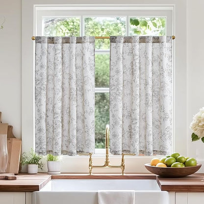 jinchan Linen Floral Tier Curtains 36 Inch Farmhouse Botanic Grey Cafe Curtains by JINCHAN