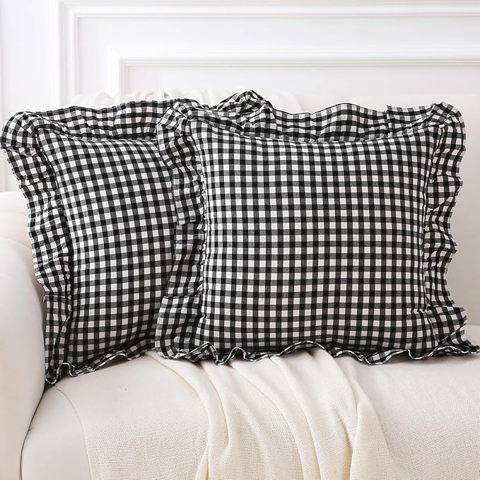 2 Pack Black White Plaid Ruffle Gingham Throw Pillow Covers, 100% Washed Cotton by KMASANIJI