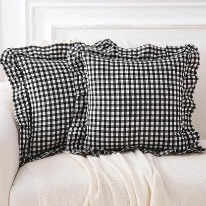 2 Pack Black White Plaid Ruffle Gingham Throw Pillow Covers, 100% Washed Cotton by KMASANIJI