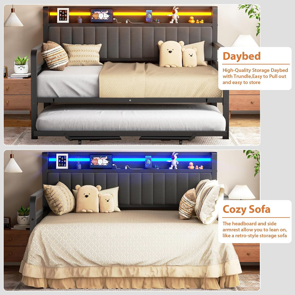 daybed with trundle and led light, heavy duty, front angle view