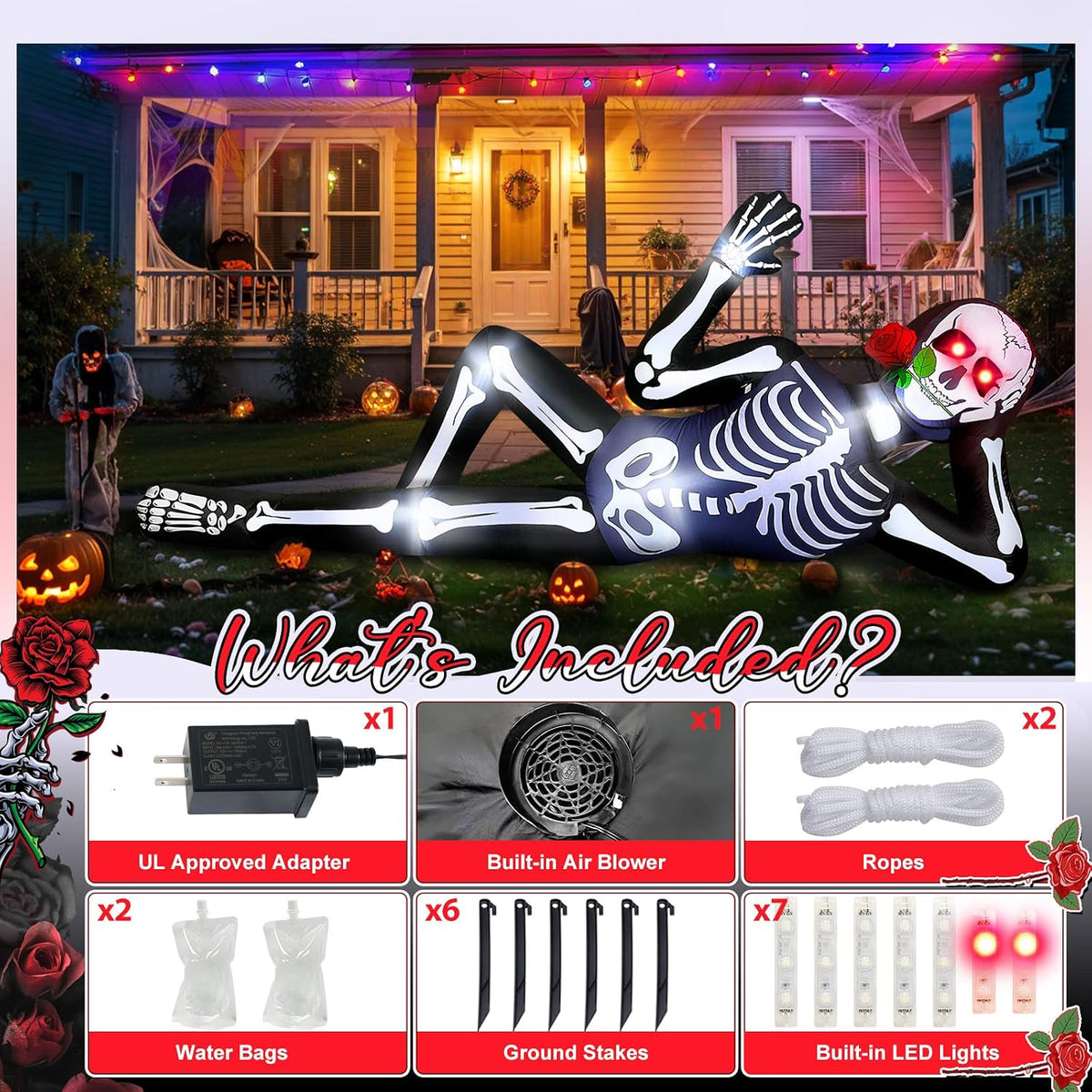 Giant Halloween Inflatables Skeleton Outdoor Decorations Biting a Rose