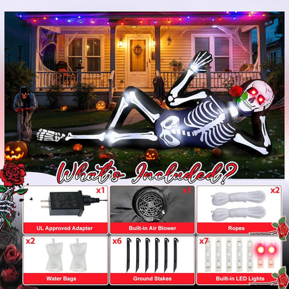 10FT Halloween Inflatable Outdoor Decoration, Lying Giant Skeleton with LED