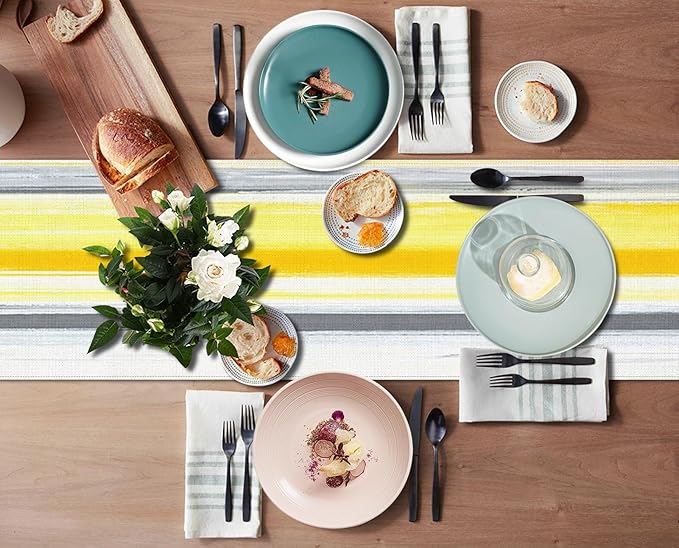 Emvency Yellow Abstract Table Runner, Modern Grey White Striped Dining Decor - Image 3